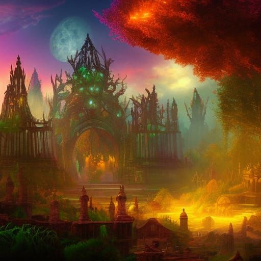 Enchanted Forest Night: Temple Ruins in Deep Color