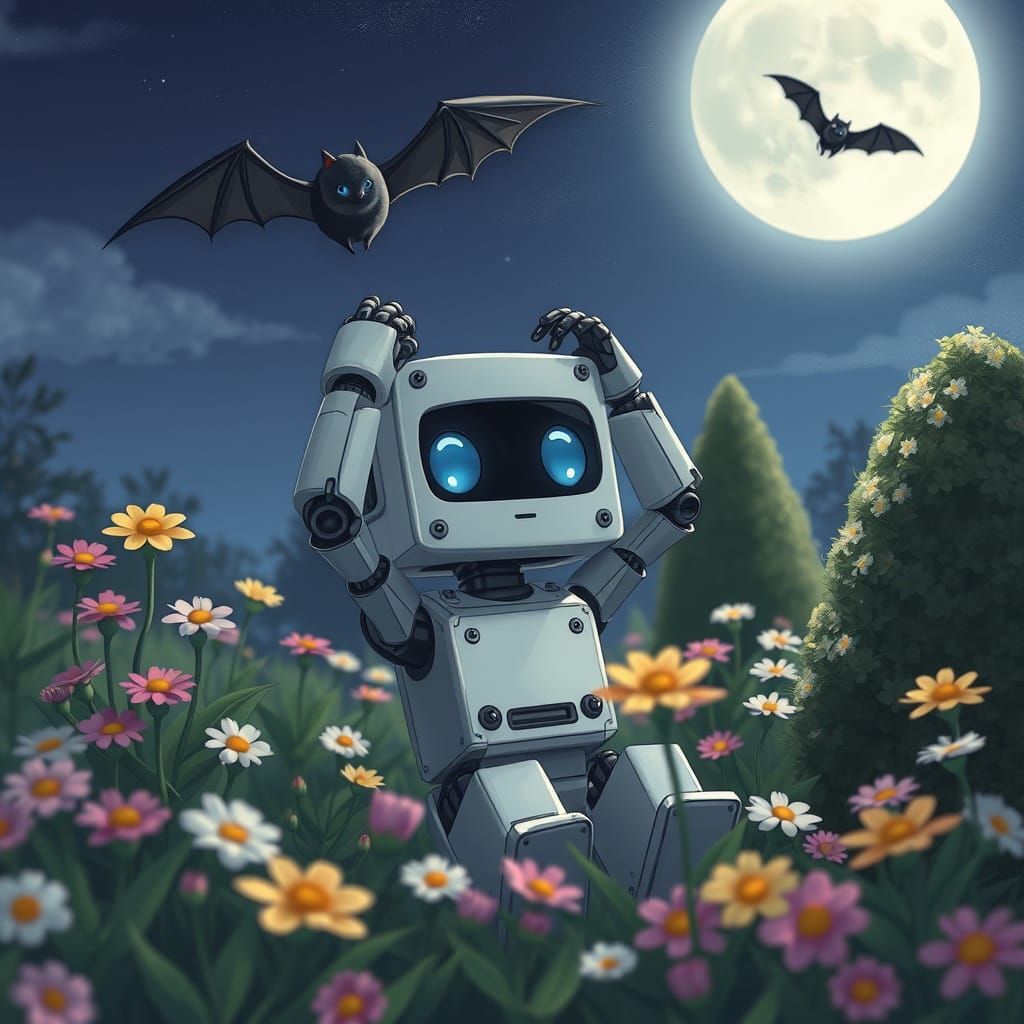 Scared Robot in Dreamy Garden Under Moonlit Sky