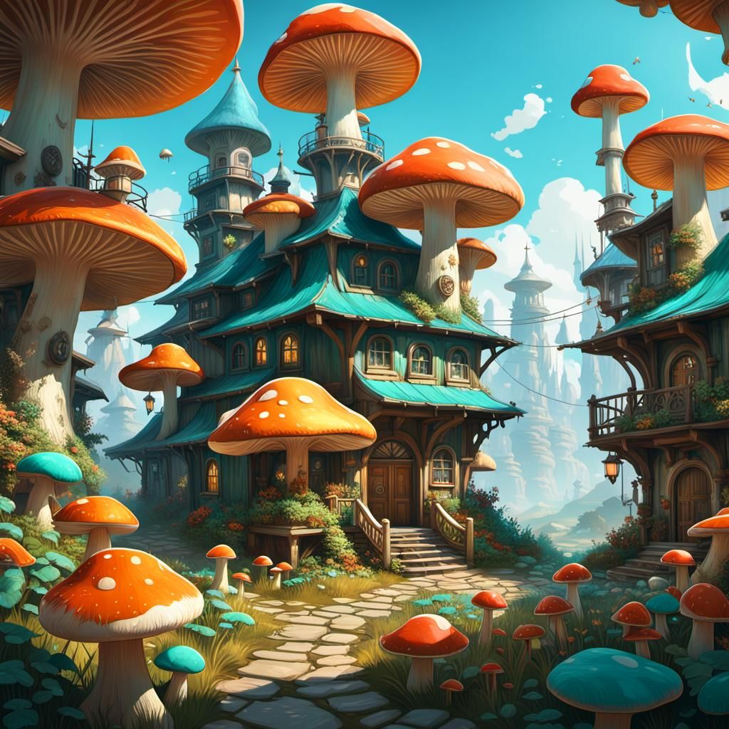Hyperdetailed Mushroom Village Concept Art in Orange and Tea...