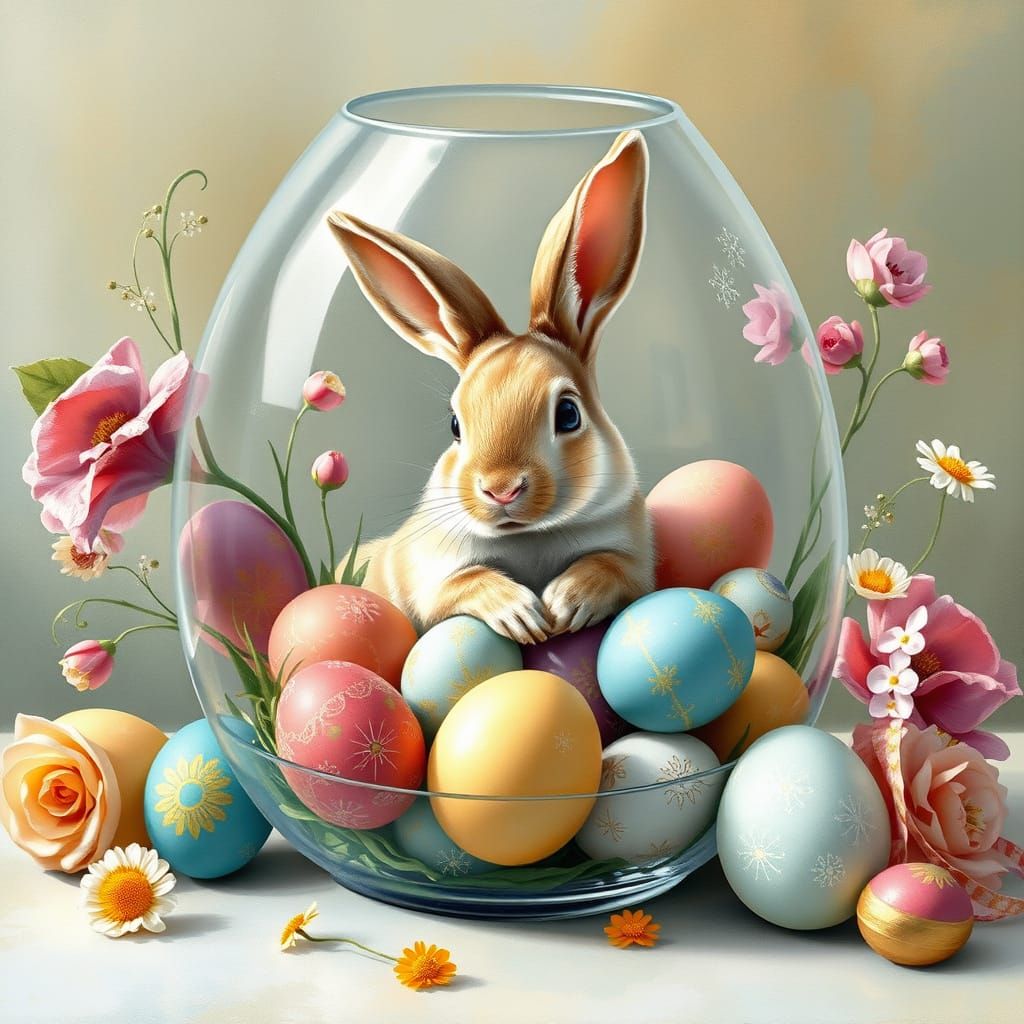 Whimsical Easter Rabbit Amidst Vibrant Eggs in Delicate Glas...