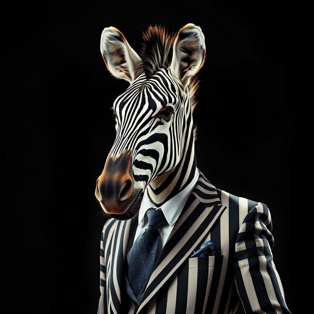 Zebra in Striped Formal Attire, High-Contrast Background