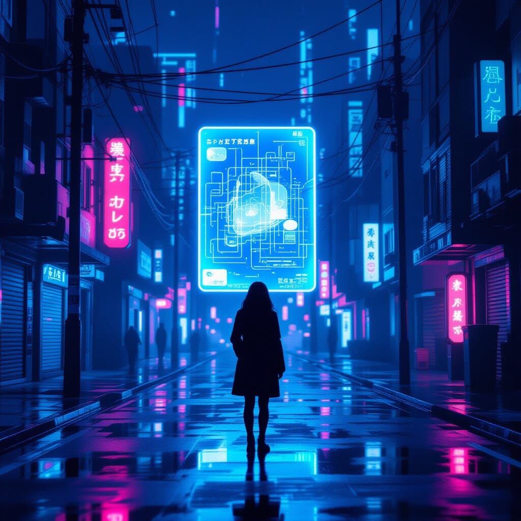 Lone Woman Contemplates Future Tech on Neon City Street