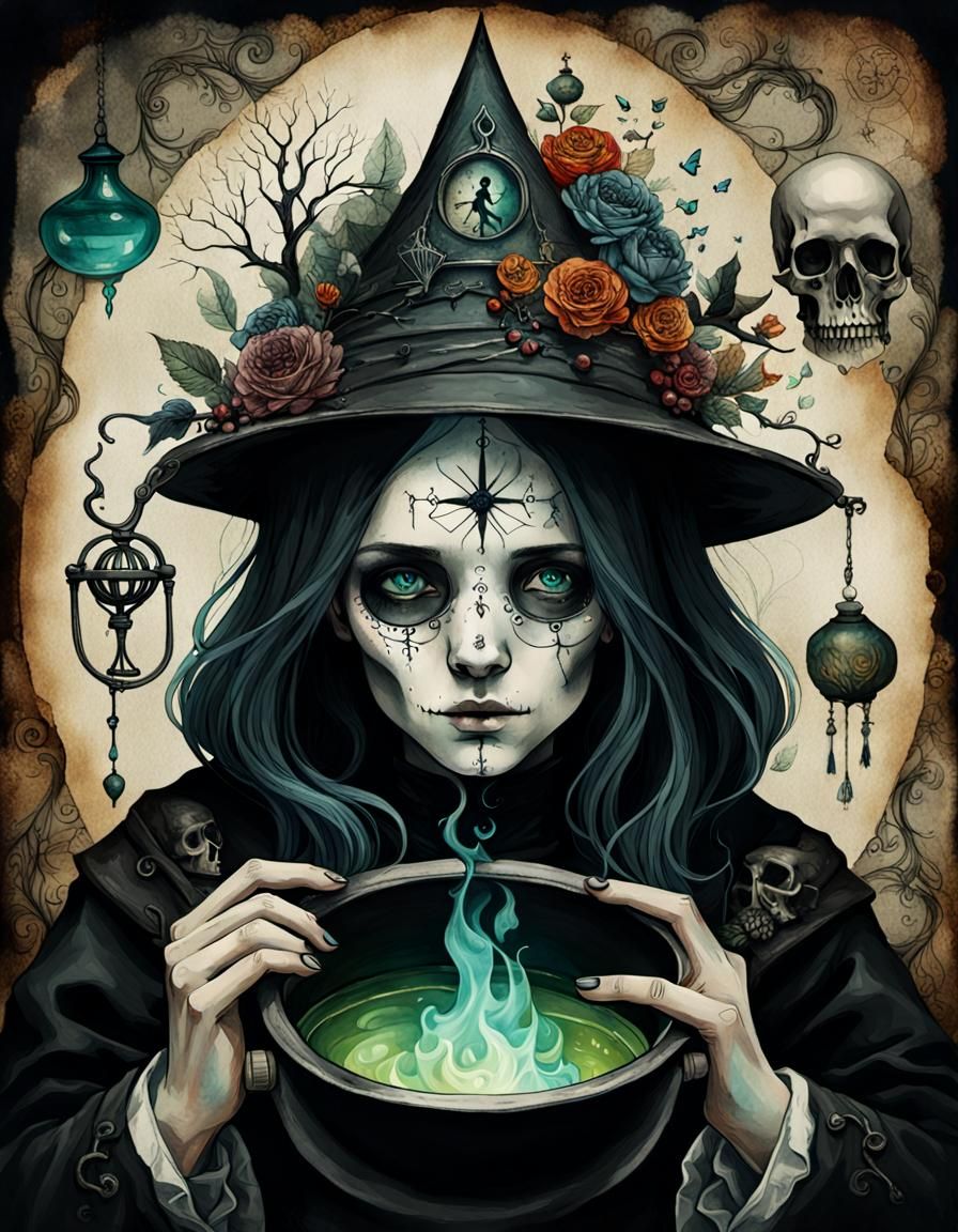 Whimsical Alchemist Portrait with Cauldron in Gothic Style