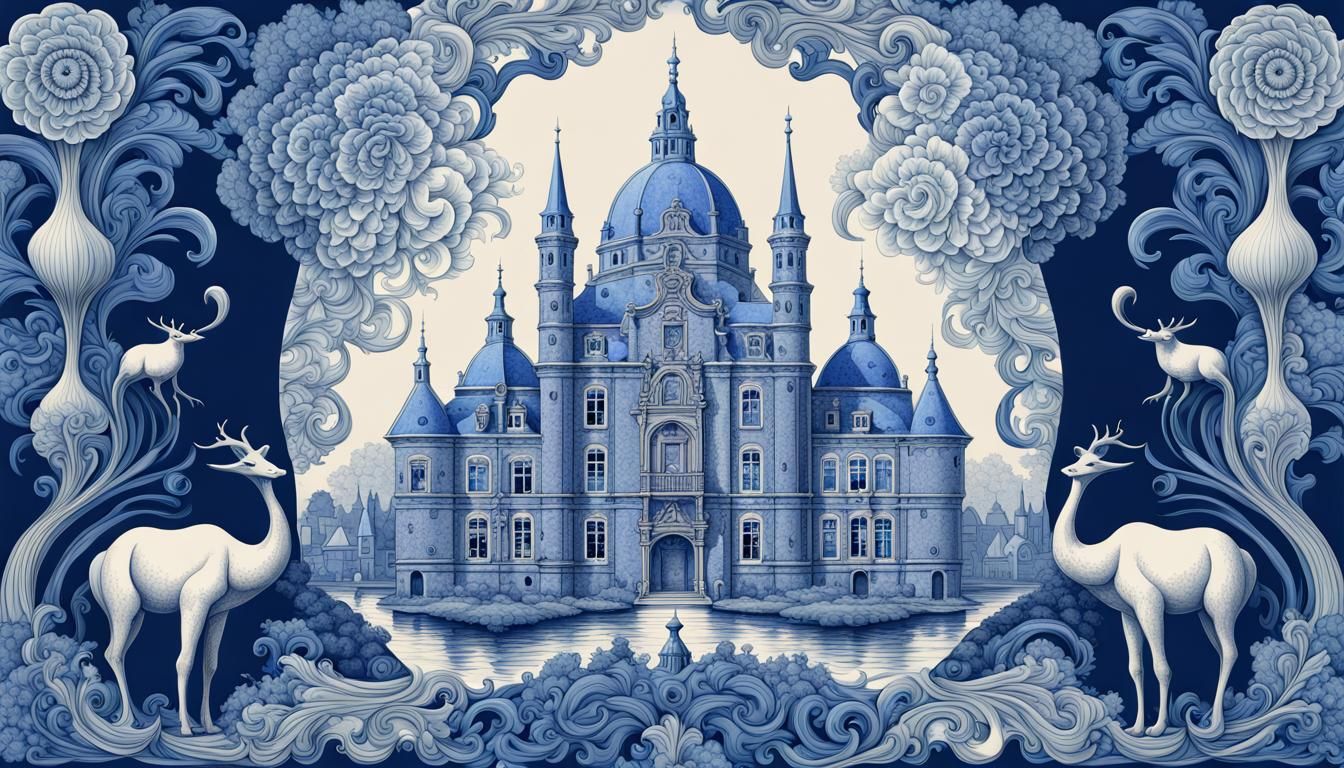 Delft Blue Fractal Pixel Art in Art Nouveau Style