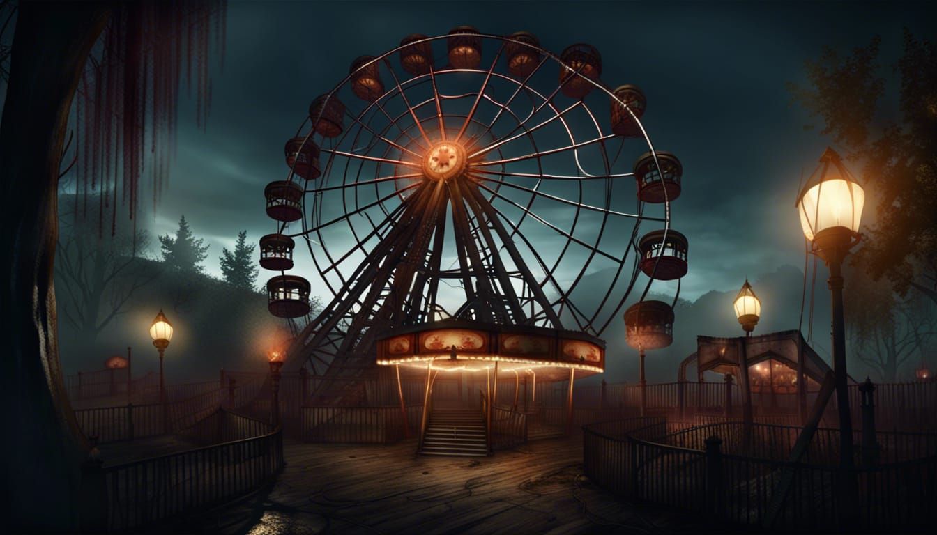 Haunted Amusement Park with Rickety Ferris Wheel