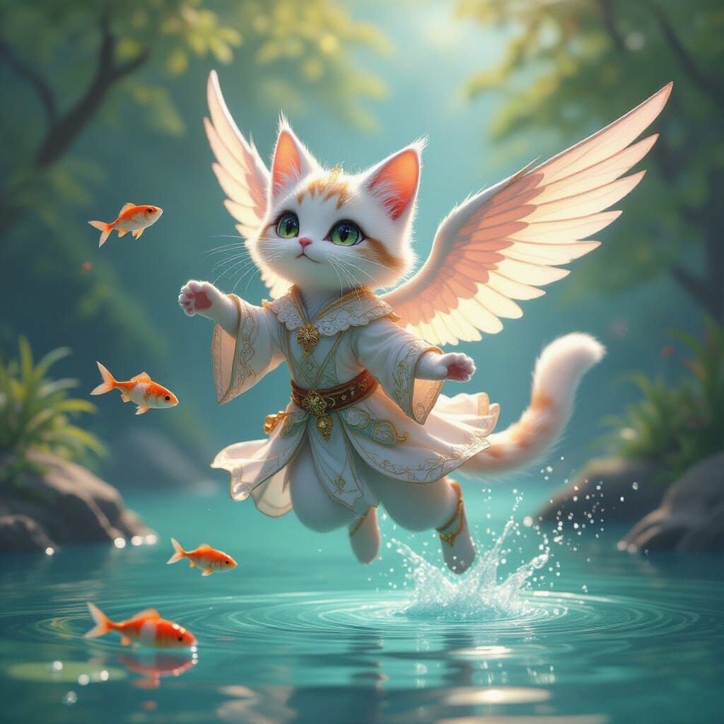 Winged Cat Soaring to Catch Fish in 3D Anime Style