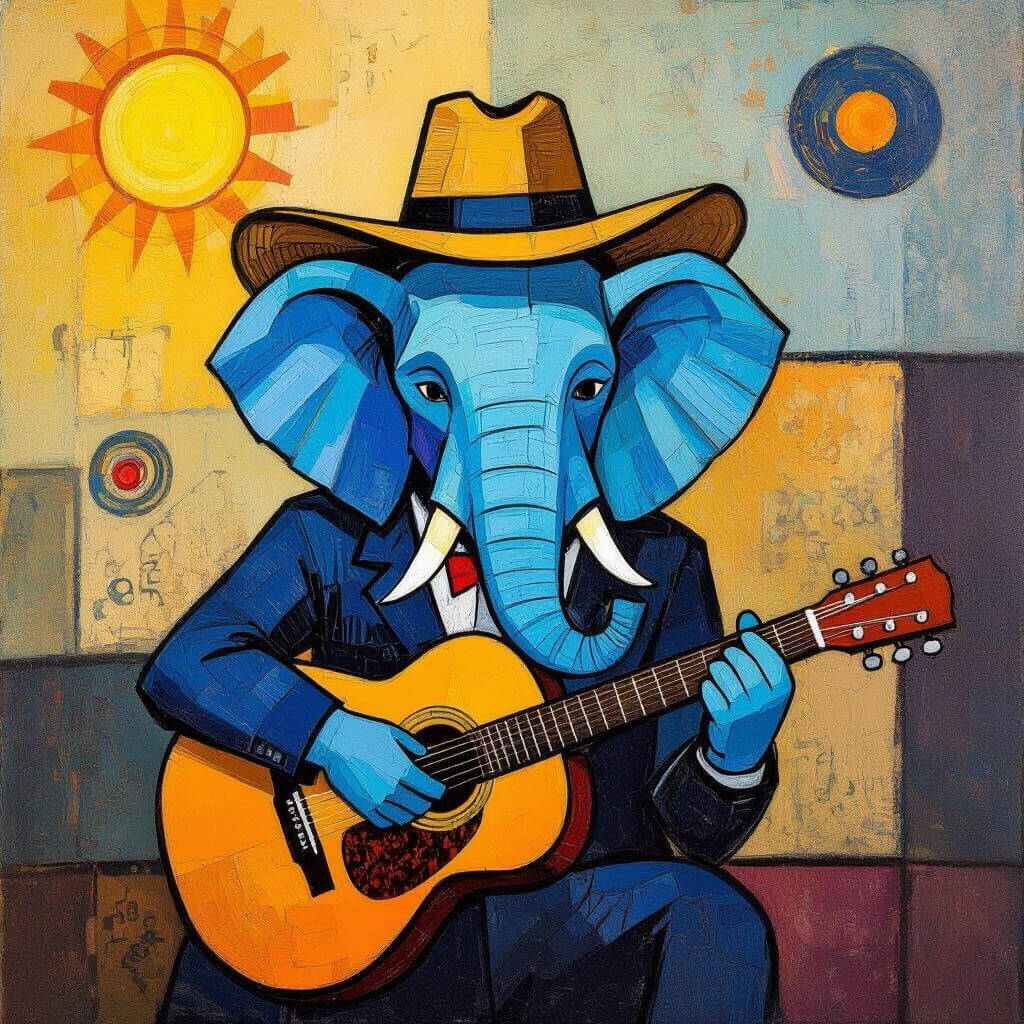 Blue Elephant Playing Guitar in Artistic Style