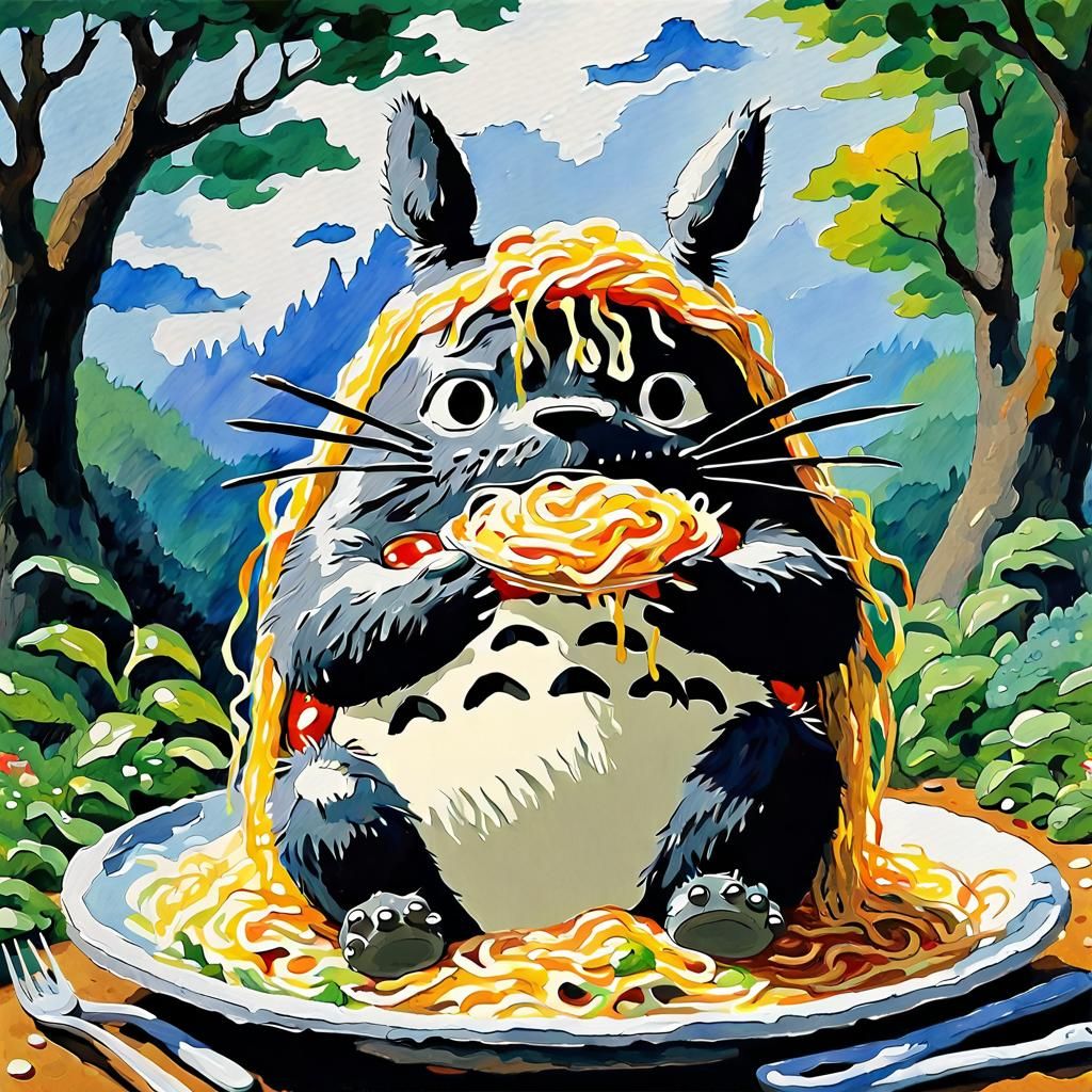 Baby Totoro Eating Ramen in Gouache Style
