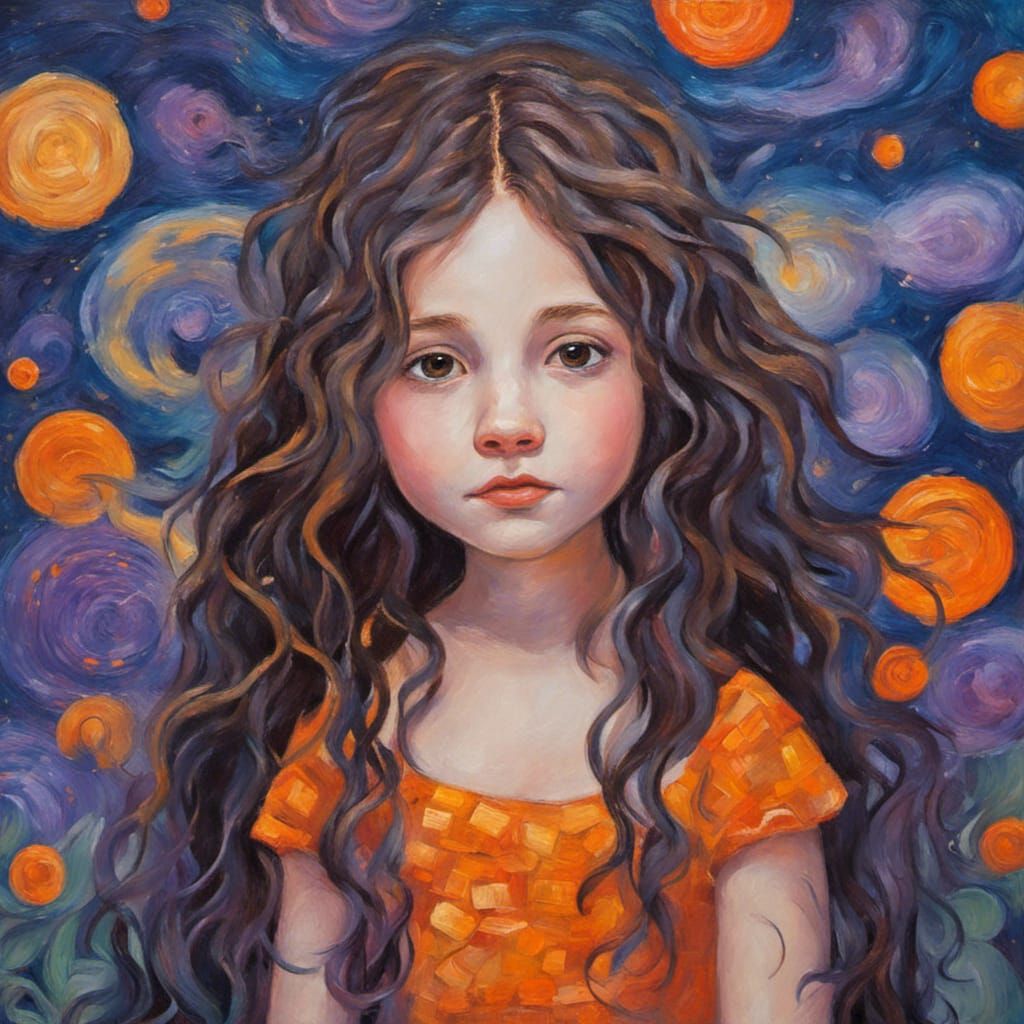 Cute Girl Fairy with Long Curly Dark Sage Hair, Starry Night...