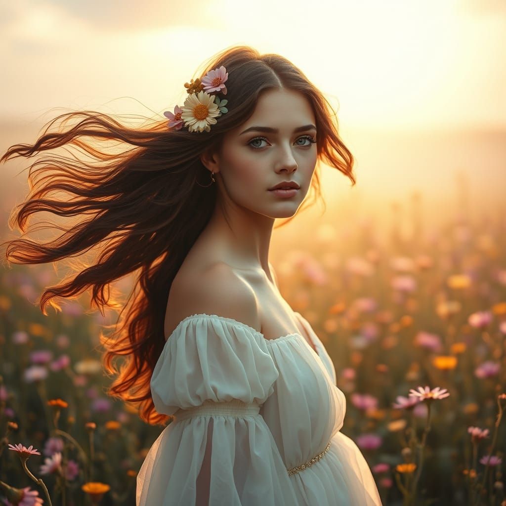 Floral Woman in Dreamlike Art Nouveau Style