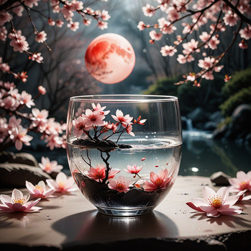 Surreal Lake Scene in Glass Cup with Red Moon and Sakura Blo...