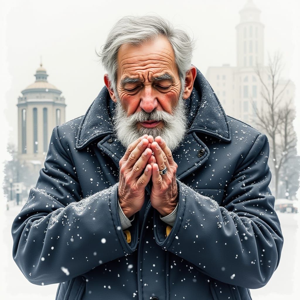 Elderly Man Warming Hands in Watercolor Style