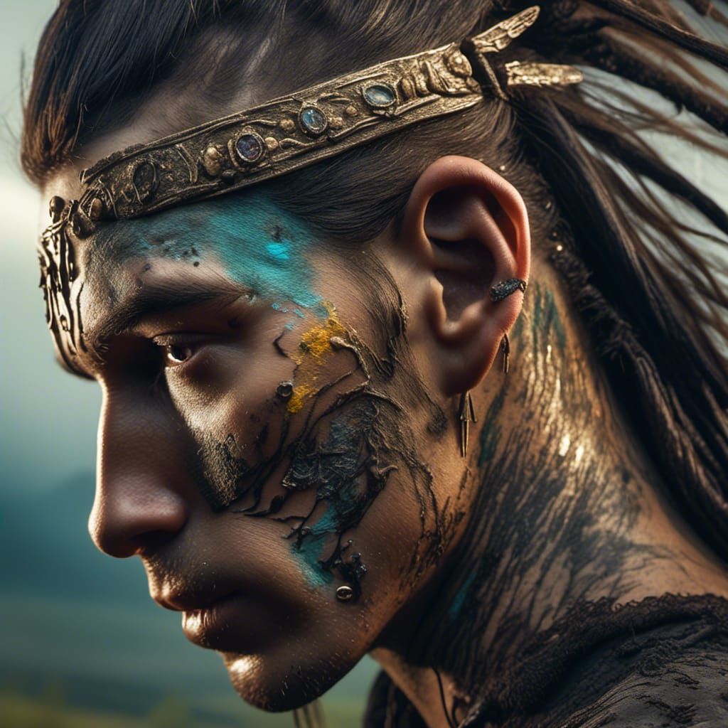 Hyperrealistic Native American Man and Wild Horse