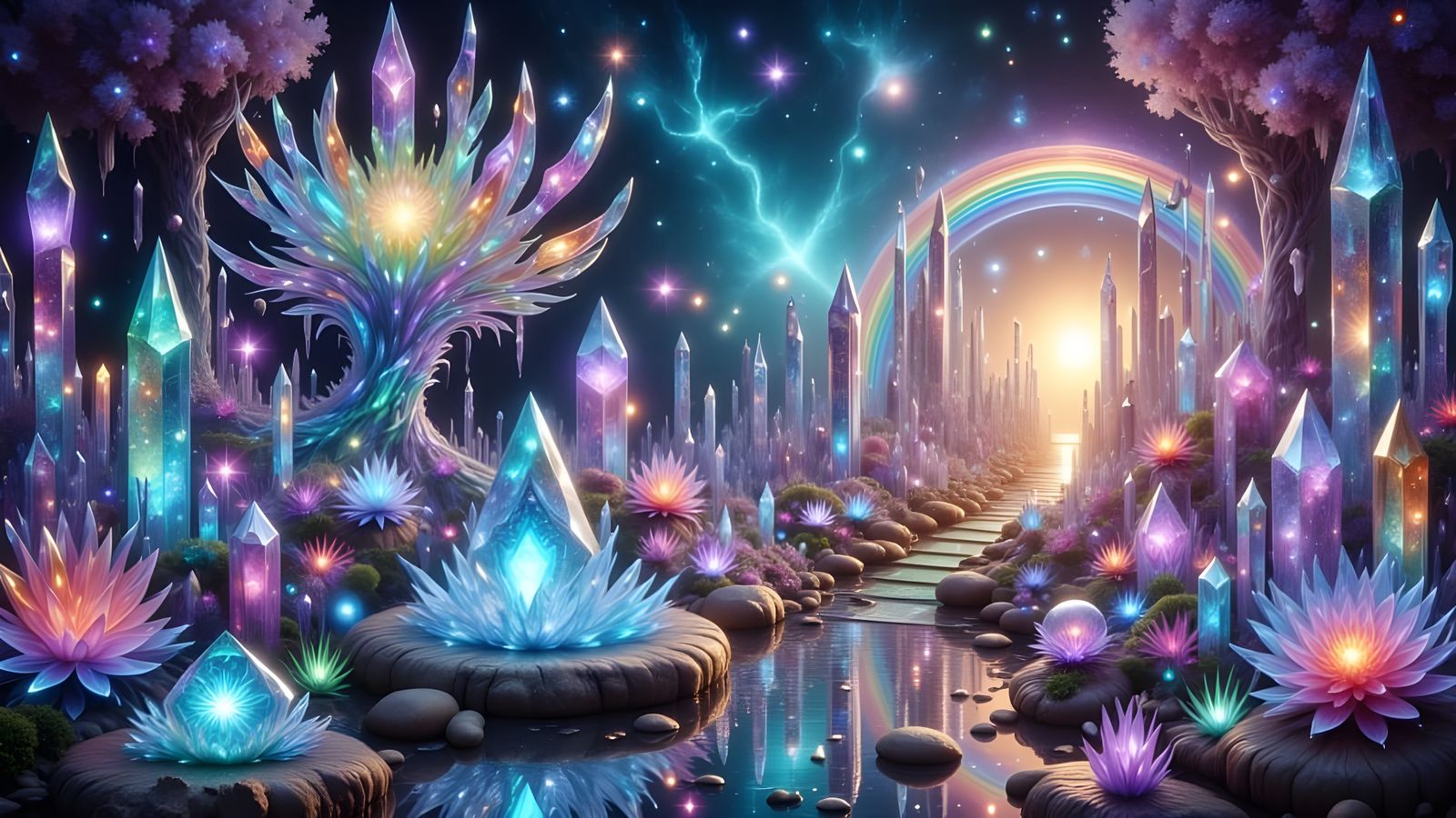 Bioluminescent Crystal Garden with Rainbow Galaxies