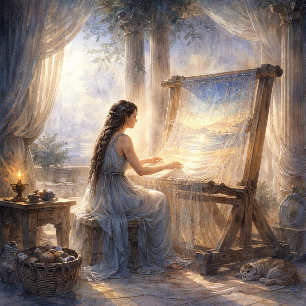 Penelope Weaving in Ancient Greece Watercolor Diorama