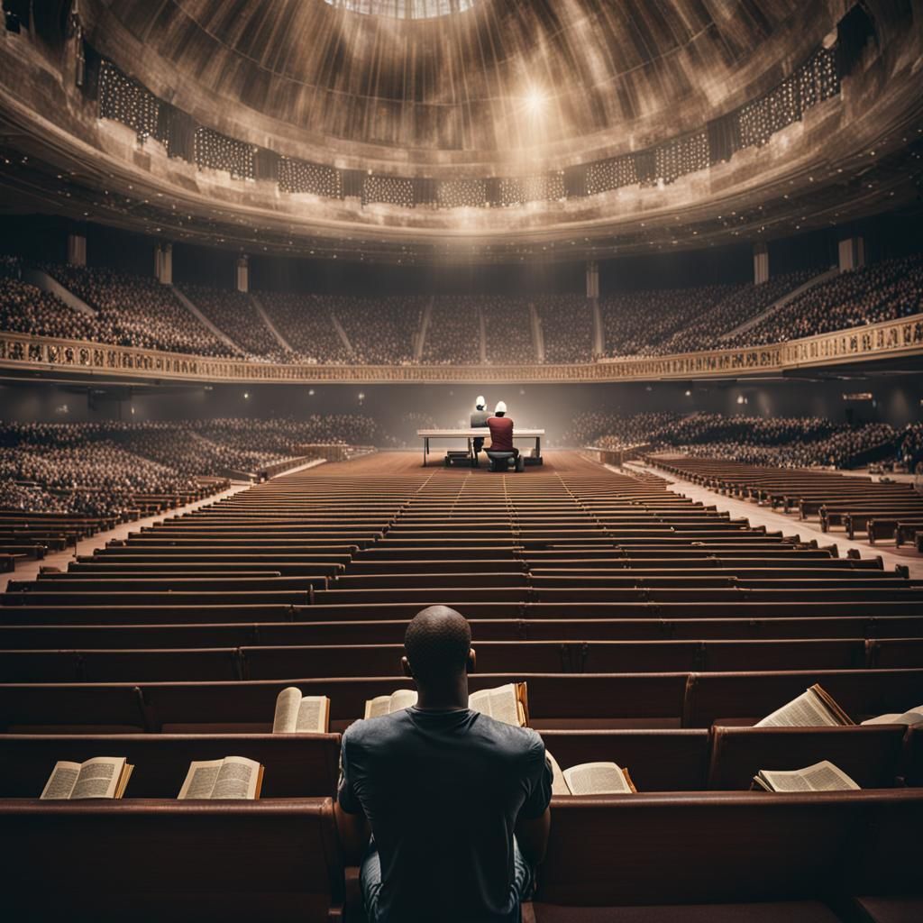 Man Praying with Bible in Mega Church