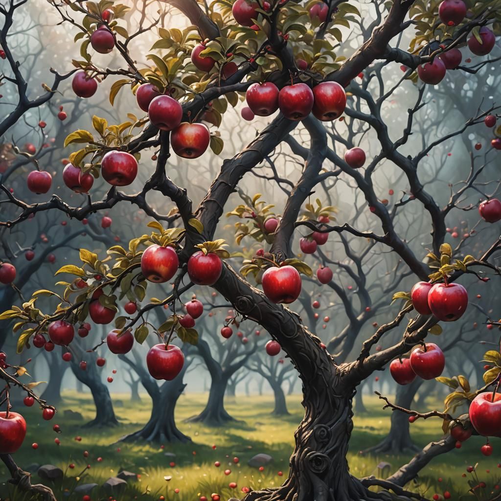 Whimsical Orchard with Crimson Apples in Watercolor