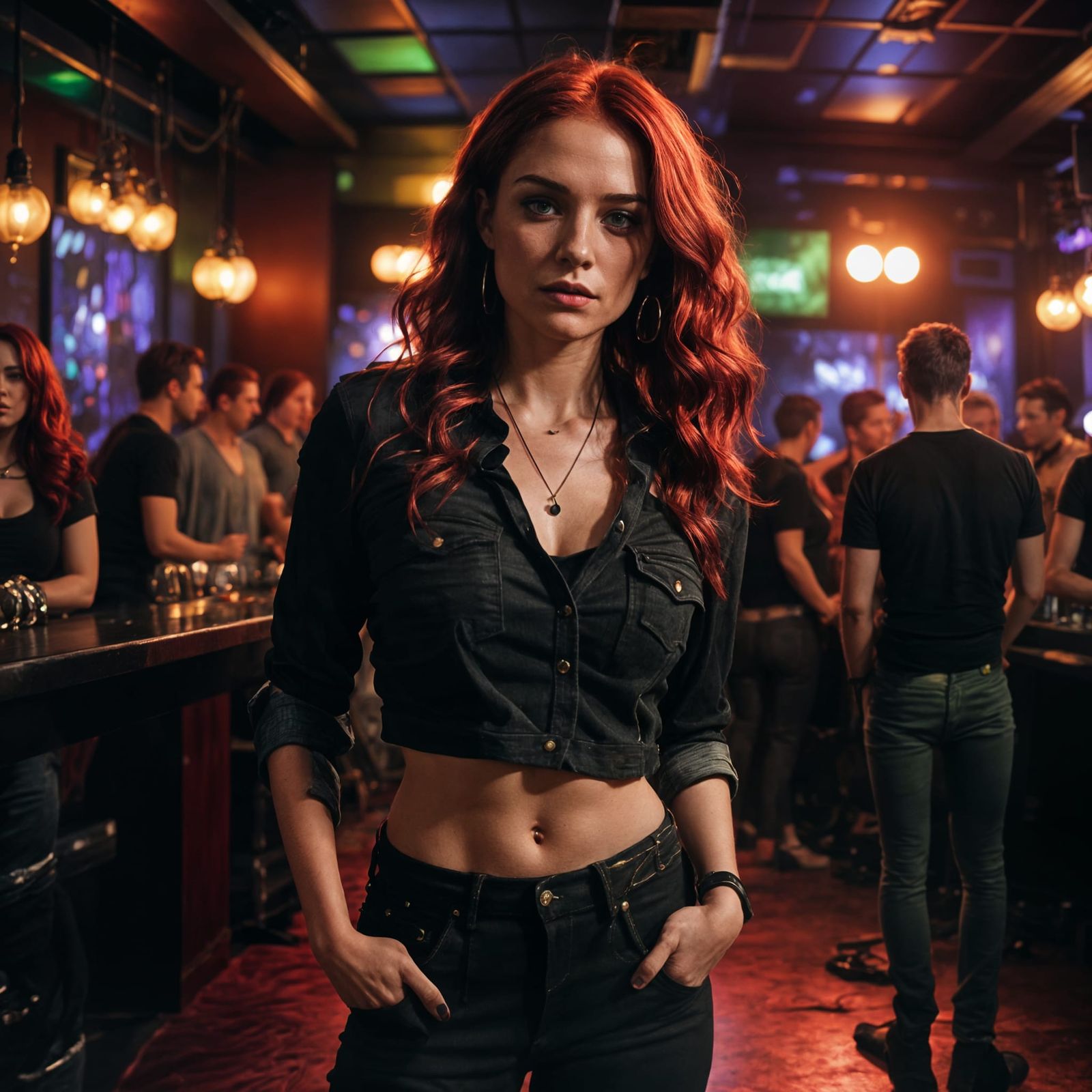 Beautiful Woman in Nightclub with Flowing Red Hair