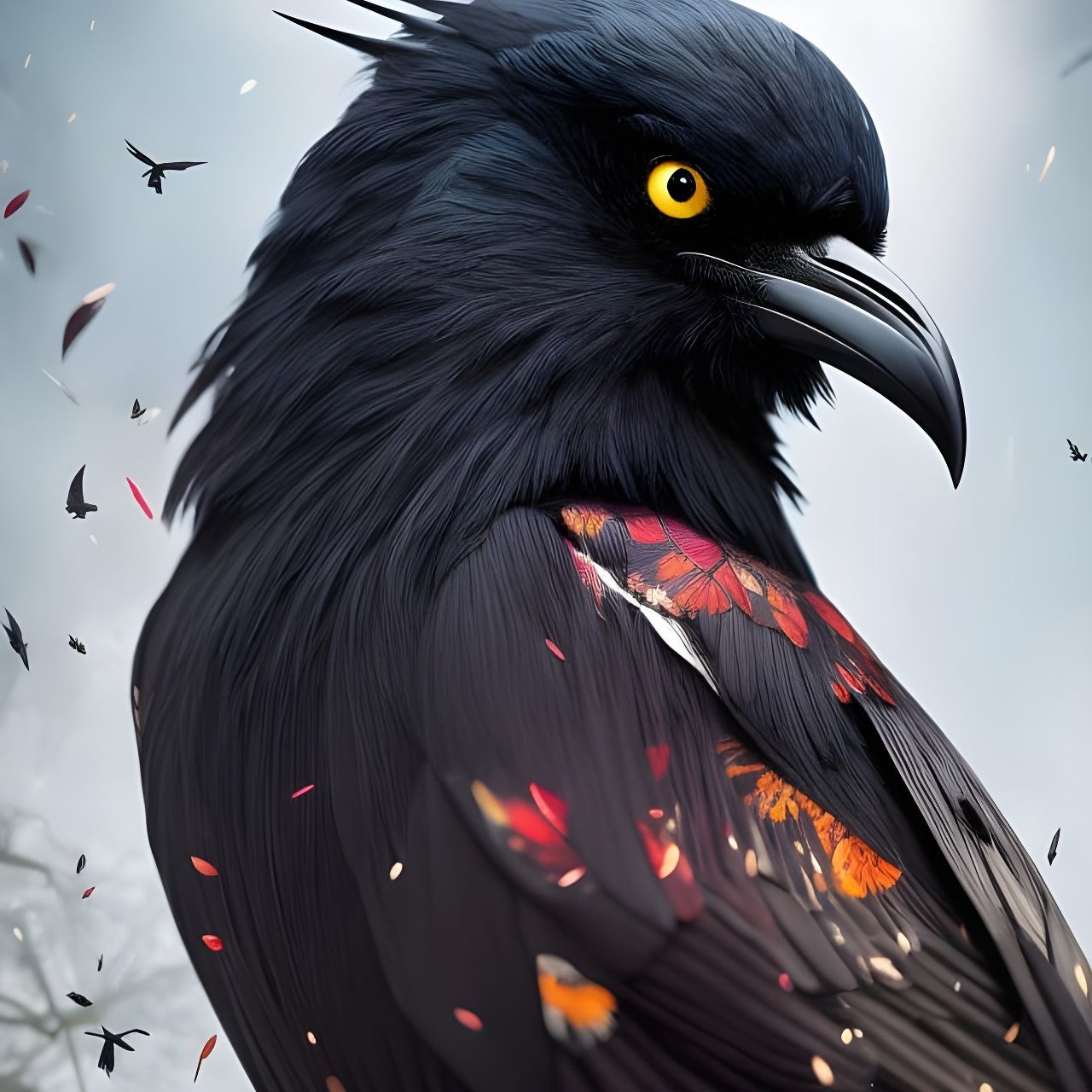 Flowered Crow Digital Portrait in Fantasy Editorial Art Styl...