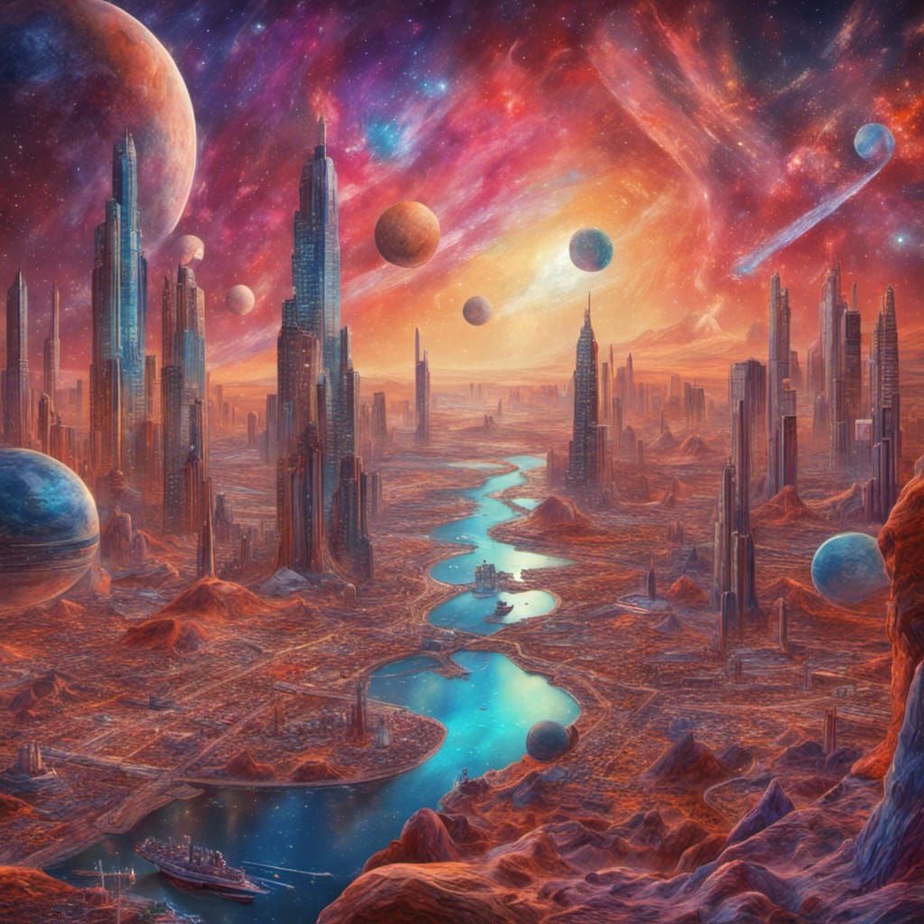 Futuristic City on Mars in Mixed Media Style