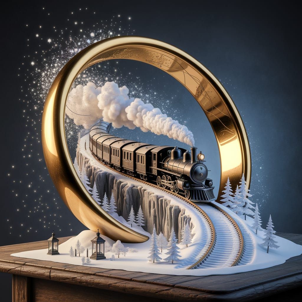Winter Fantasy Scene with Golden Ring and Steam Train