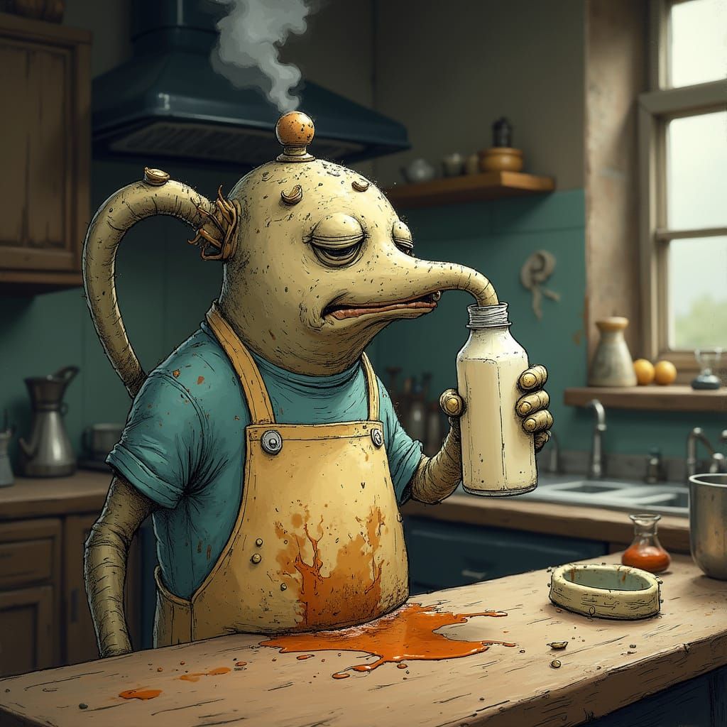 Anthropomorphic Coffee Pot Drinks Milk, Steadman Style