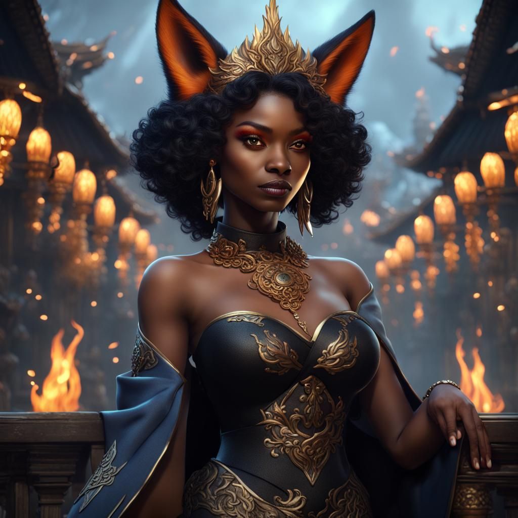Detailed Black Female Kitsune Princess in Fantasy Art