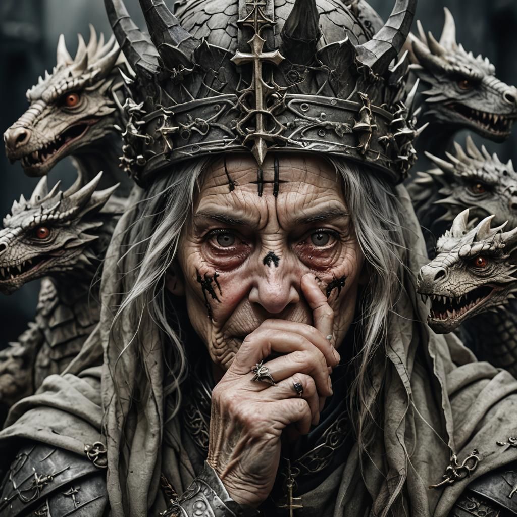 Renaissance Woman Crying with Dragons and Crown