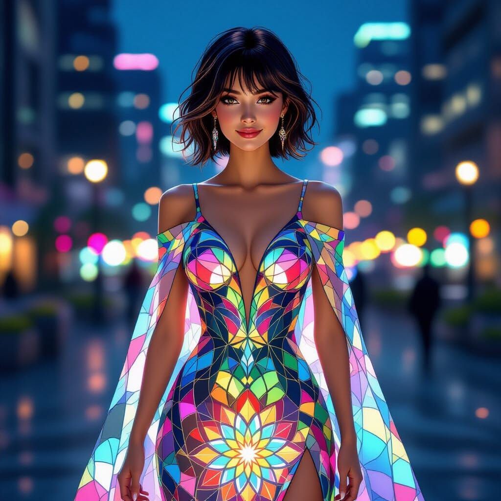 Elegant Woman in Stained Glass Dress