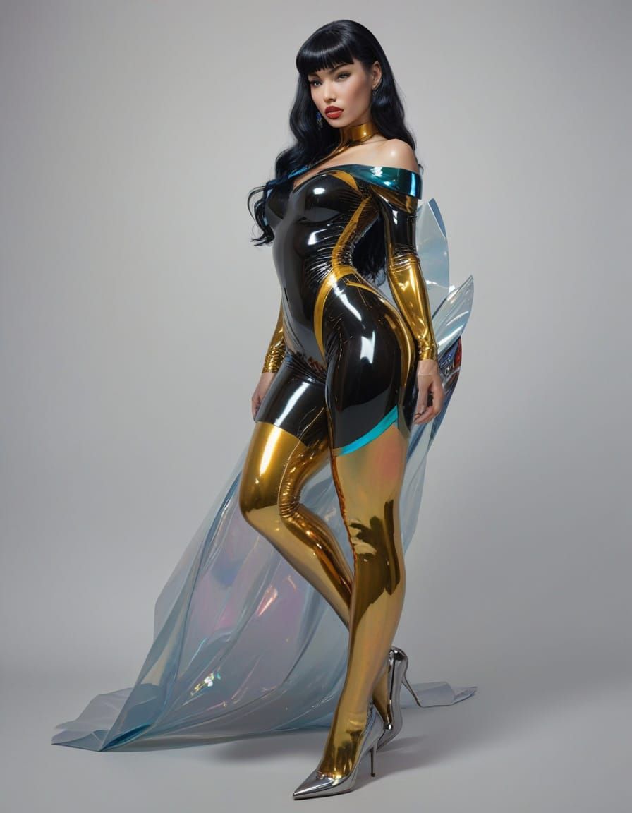 Glamour Woman in Latex Catsuit Holding Wrench