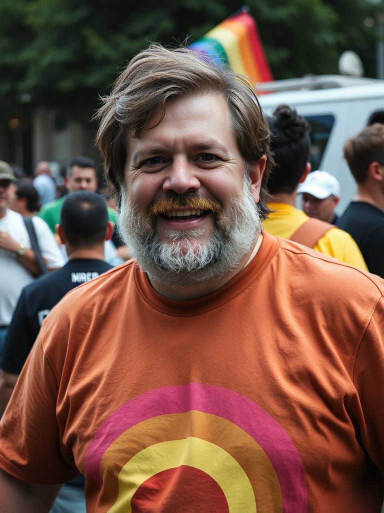 Stout Man Smiles in Pride Parade