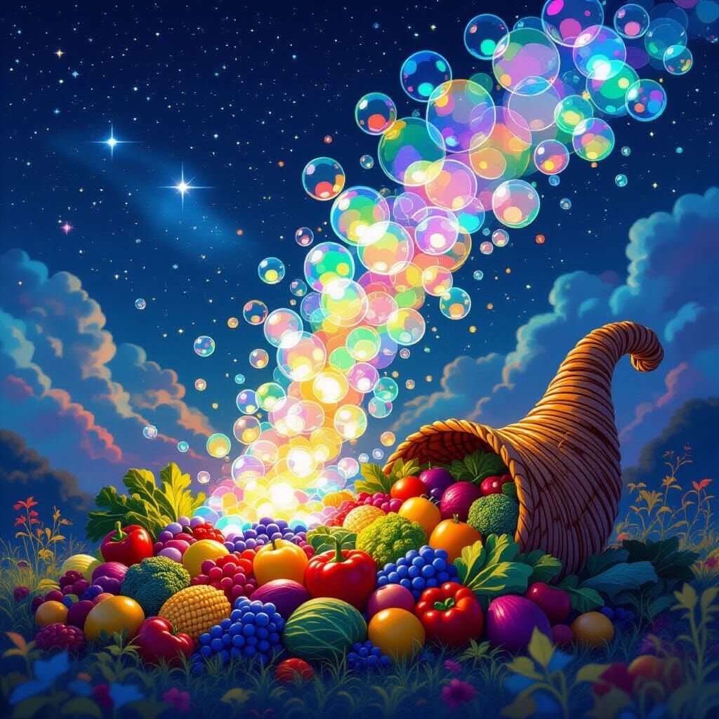 Bubbles Ascend From Fruit Cornucopia: Digital Art