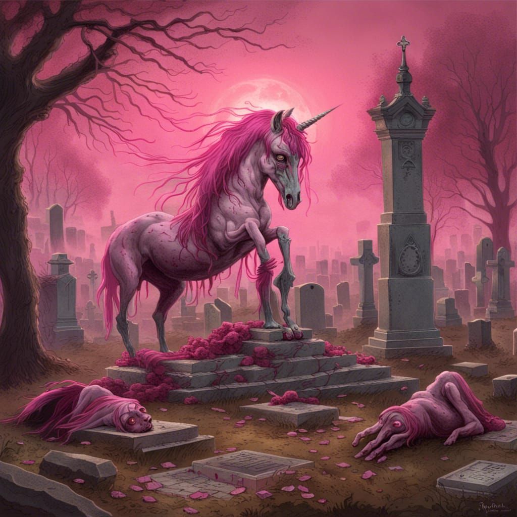Undead Pink Zombie Unicorn in Cemetery: Horror Art