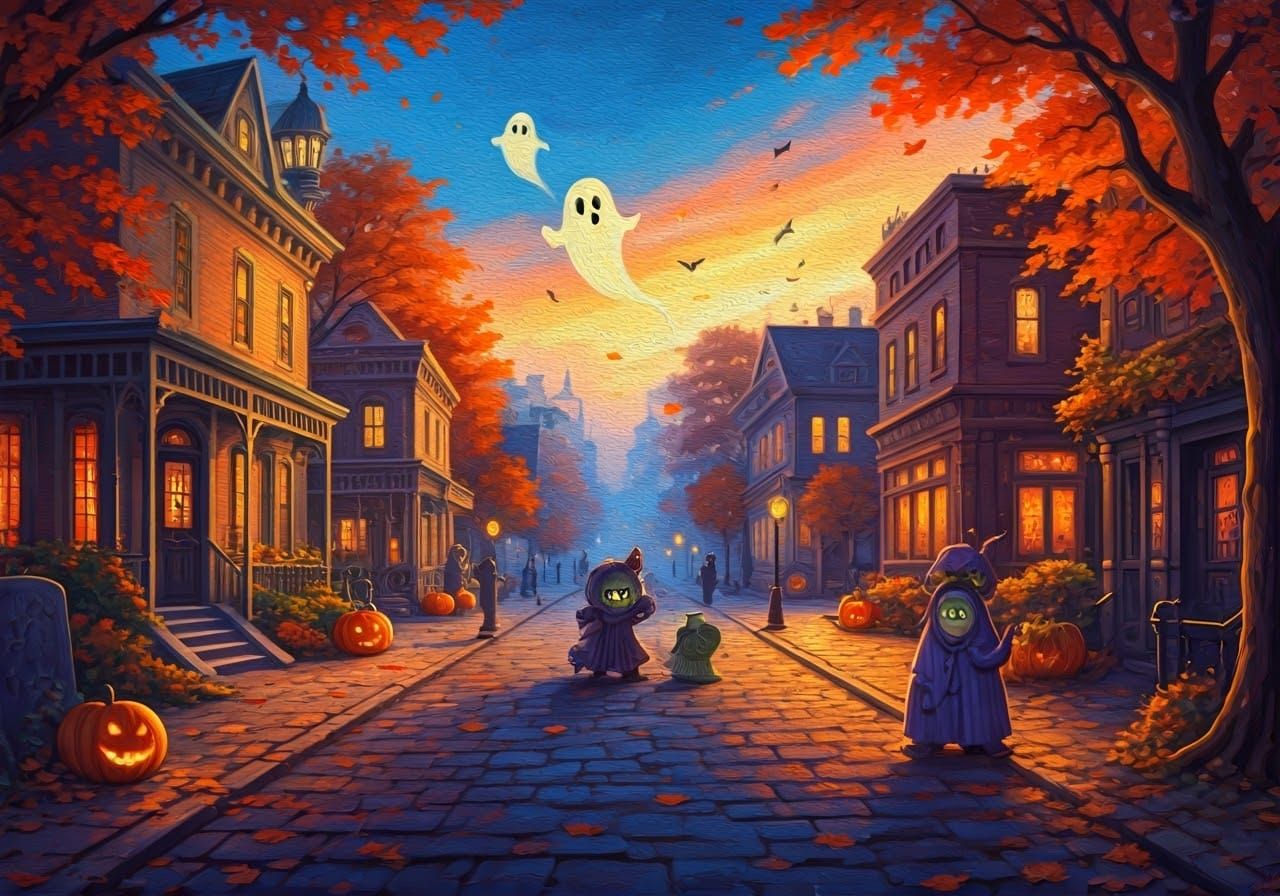 Festive Halloween Celebration in Victorian Town Square