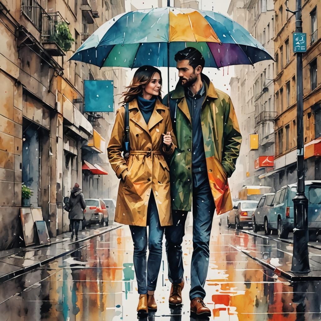 Couple Under Umbrella in Geometric Bauhaus Style