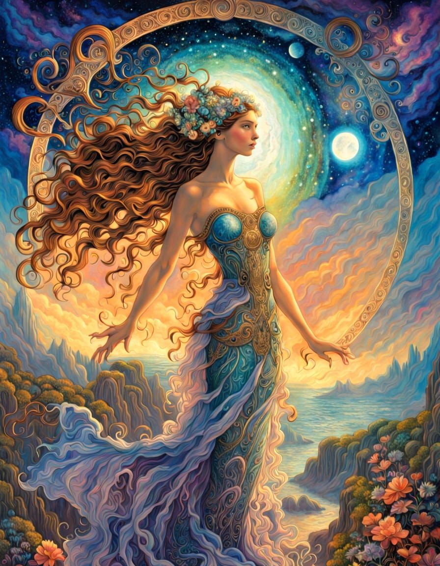 Celestial Goddess in Cosmic Art Nouveau Style