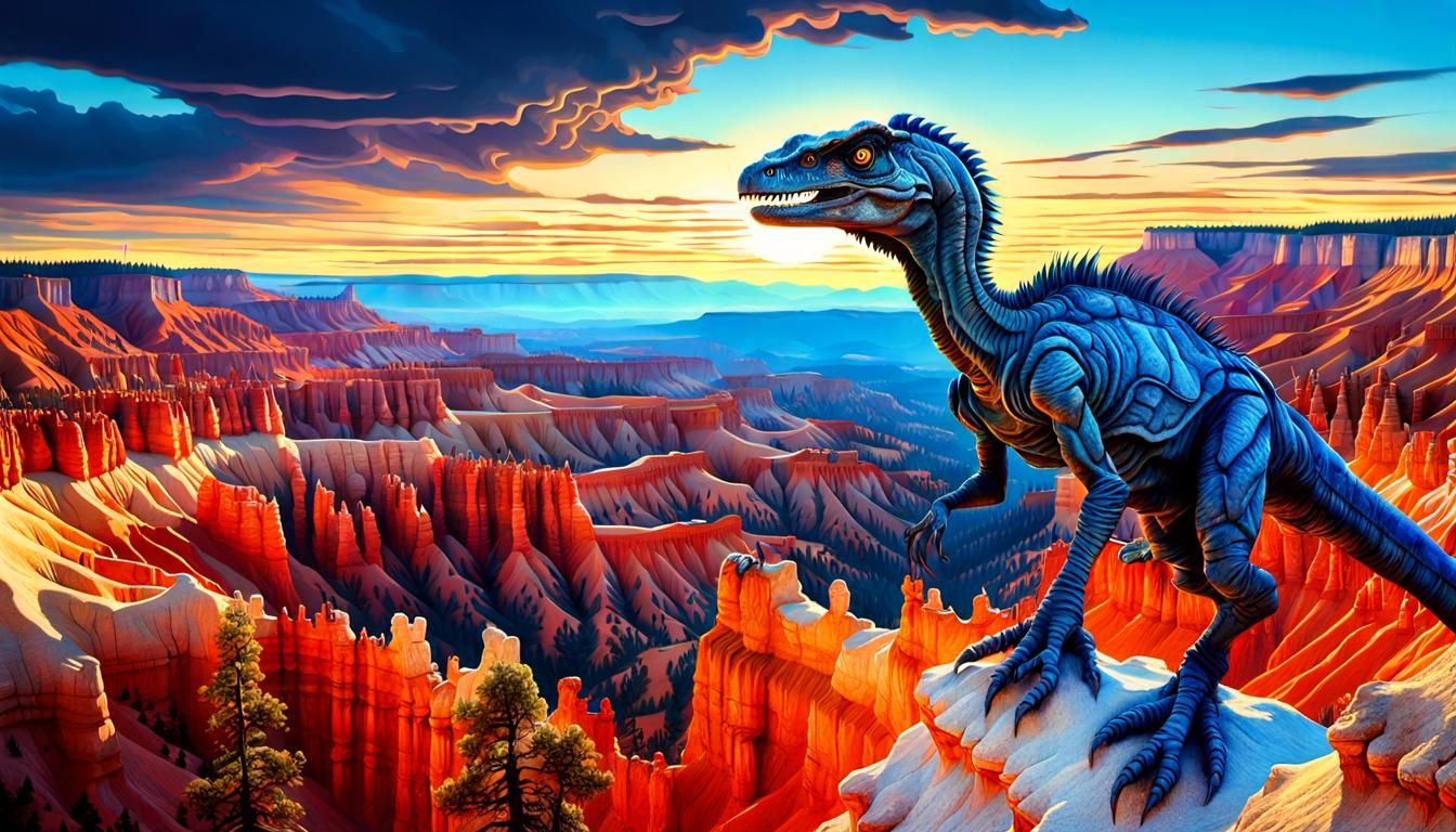 Surreal Velociraptor Alien Observes Bryce Canyon
