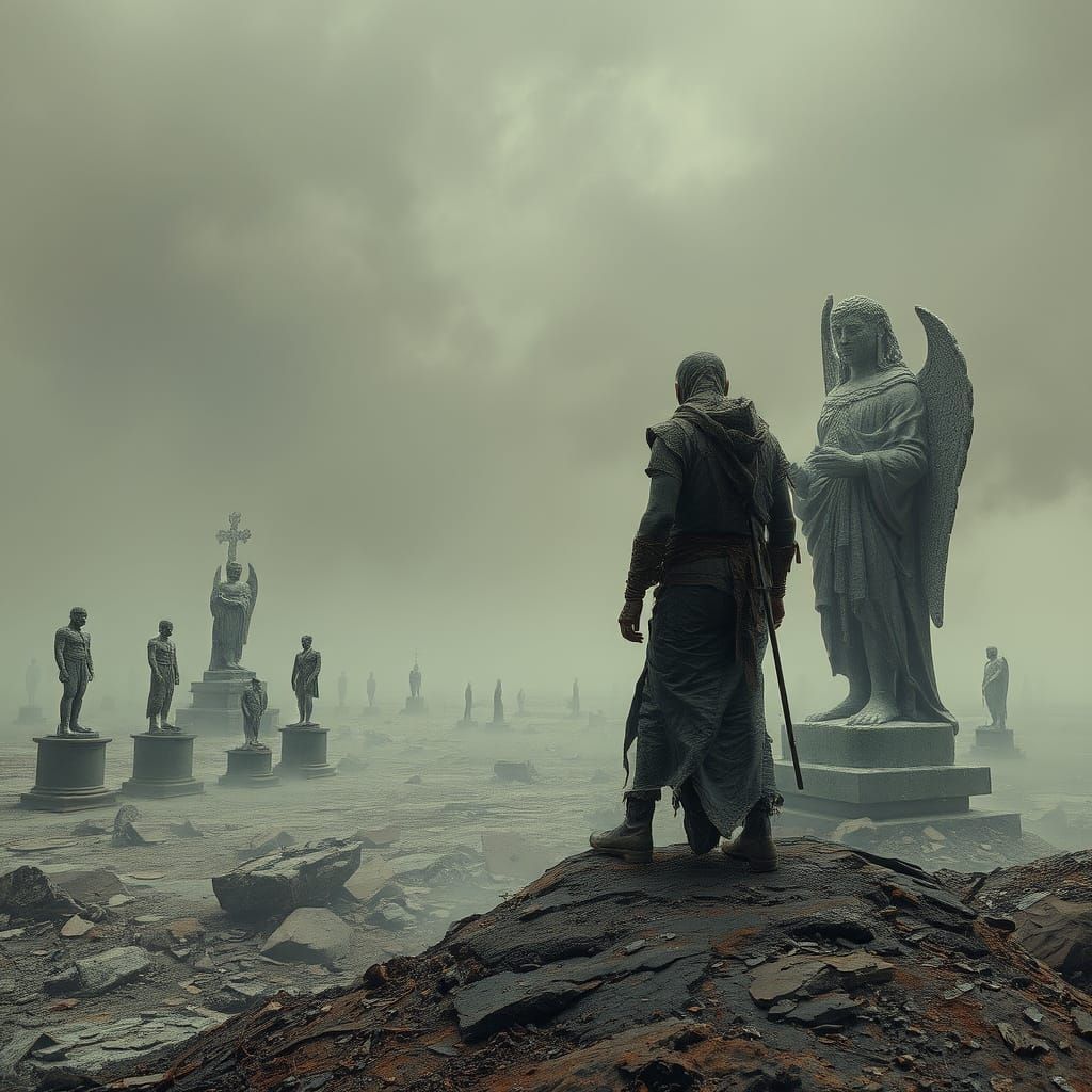 Decaying Dreamscape: Solitary Figure in Ash-Covered Ruins