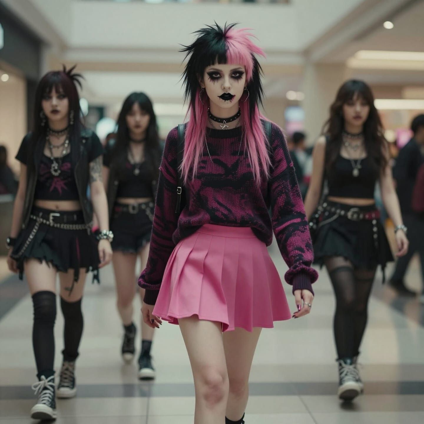 Punk Girl with Pink Hair in Mall Outfit