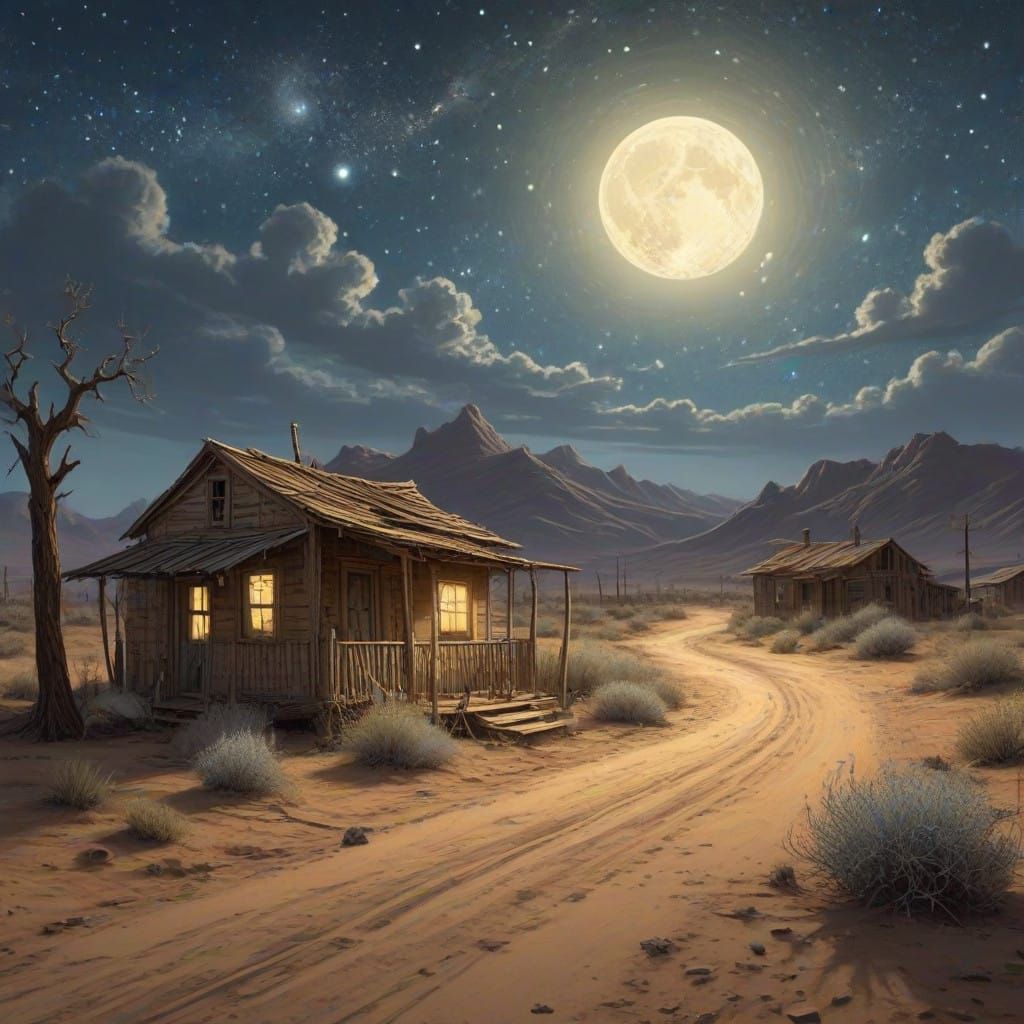 Majestic Starlight Illuminates Desert Ruins in Impressionist...