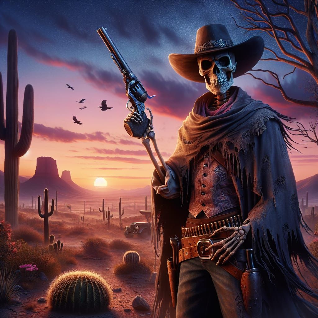 Skeleton Cowboy in Dusk-Lit Desert Vista