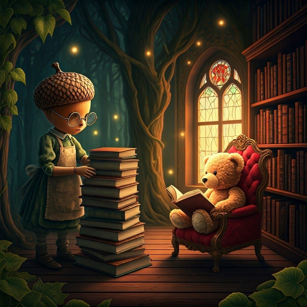 Doll and Teddy Reading in Surreal Library