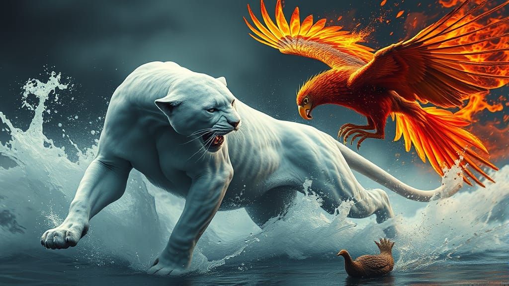 Water Panther Captures Fiery Bird in Dystopian Surreal Scene