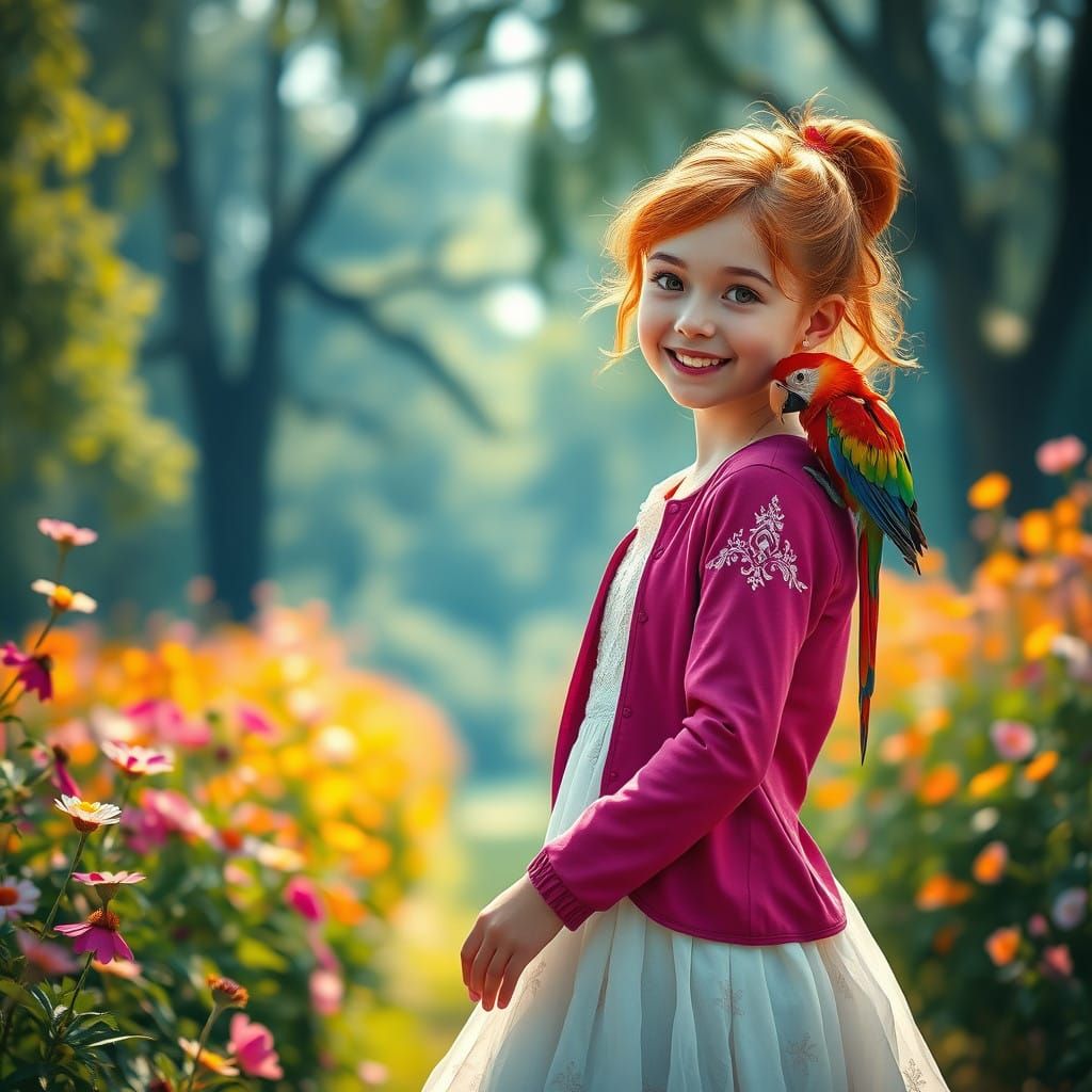 Garden Stroll with Whimsical Girl in Watercolor Style