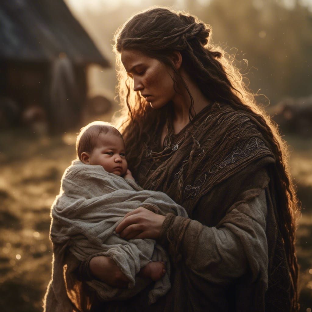 a young viking women with a newborn baby