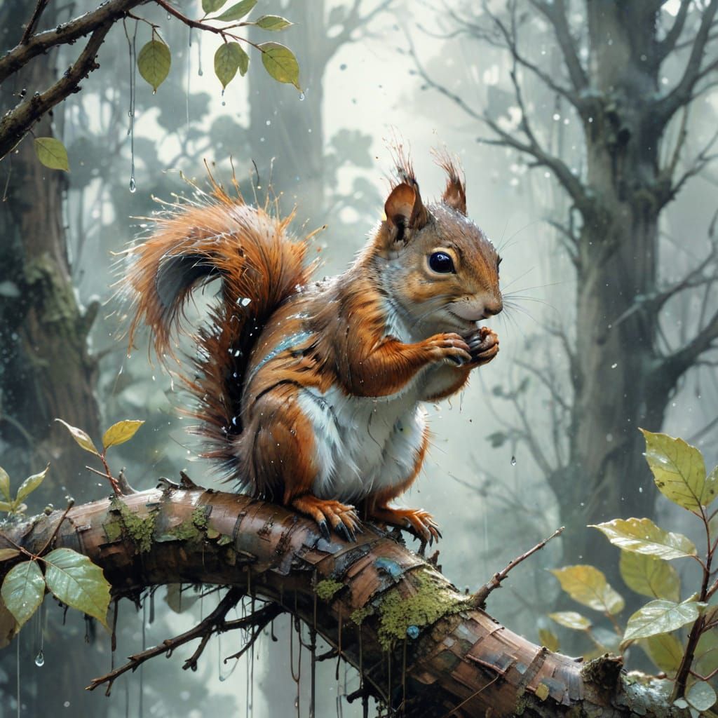 Whimsical Woodland Scene with Squirrel in Gentle Rain