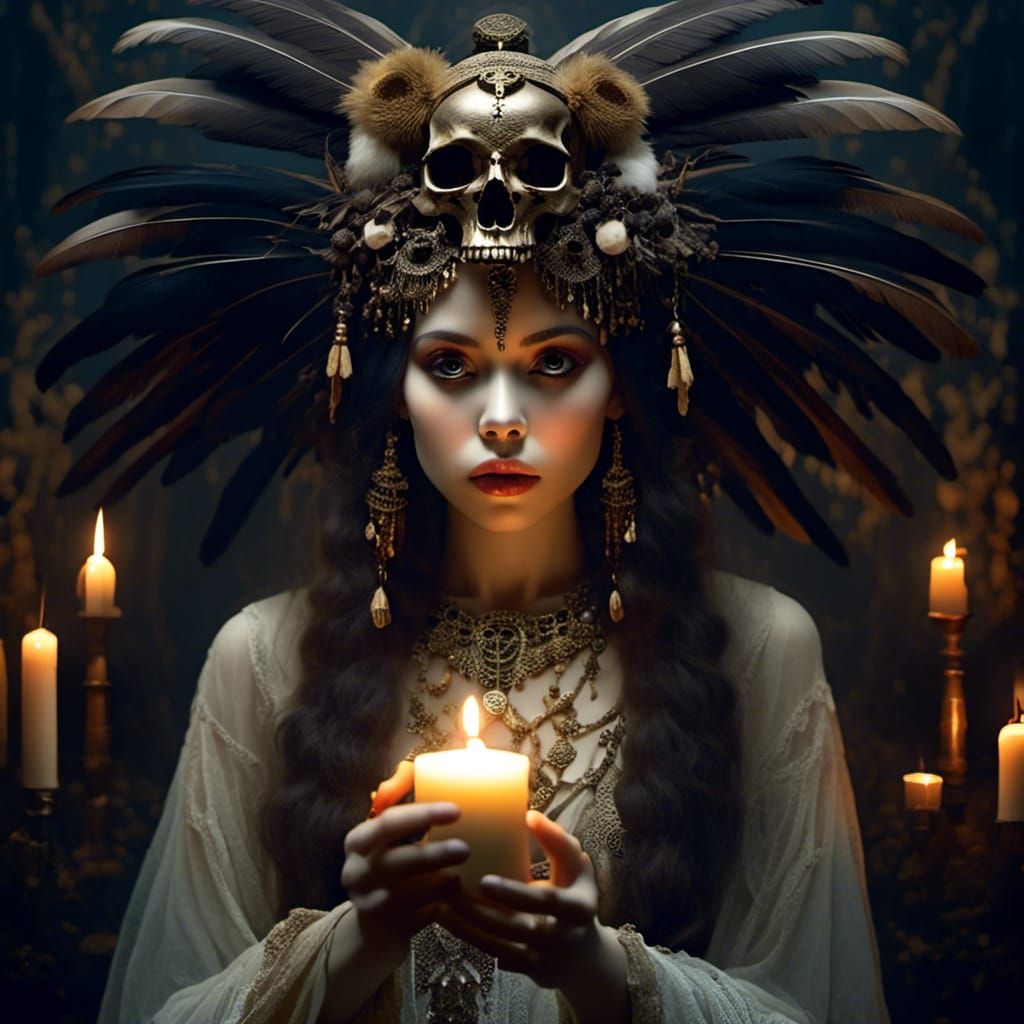 Ethereal Girl with Skull Headpiece in Dark Fantasy