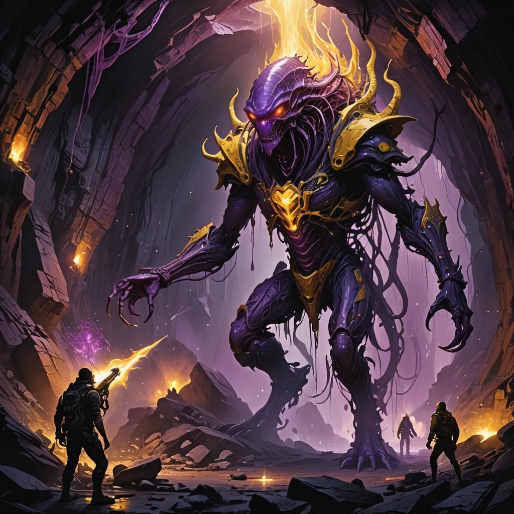 Alien Hunter Invades Mine in Dark Fantasy Art
