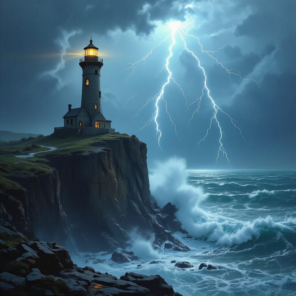 Lighthouse in Storm, Dark Fantasy Steampunk Style