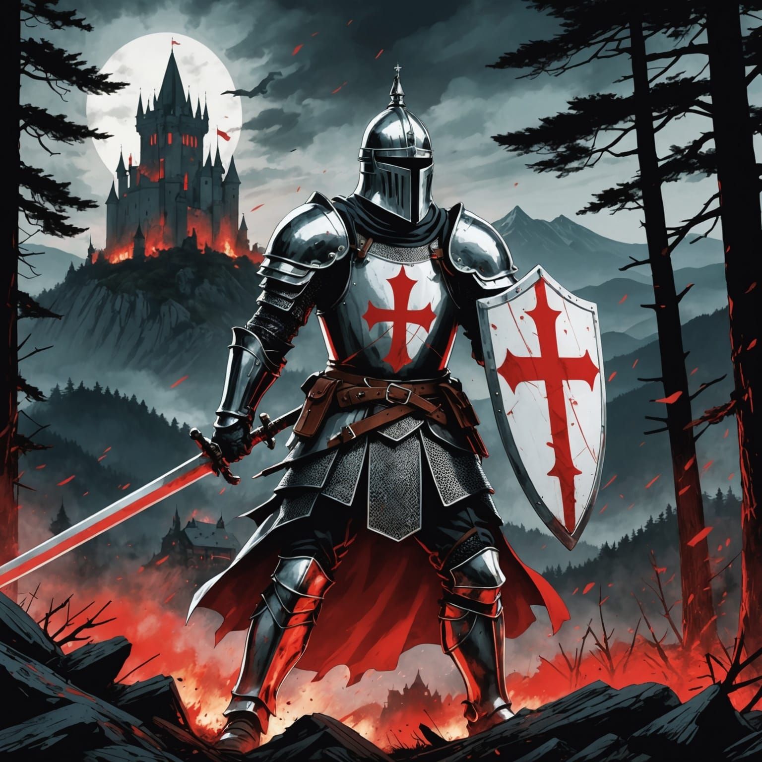 Templar Knight Double Exposure in Manhwa Comic Style